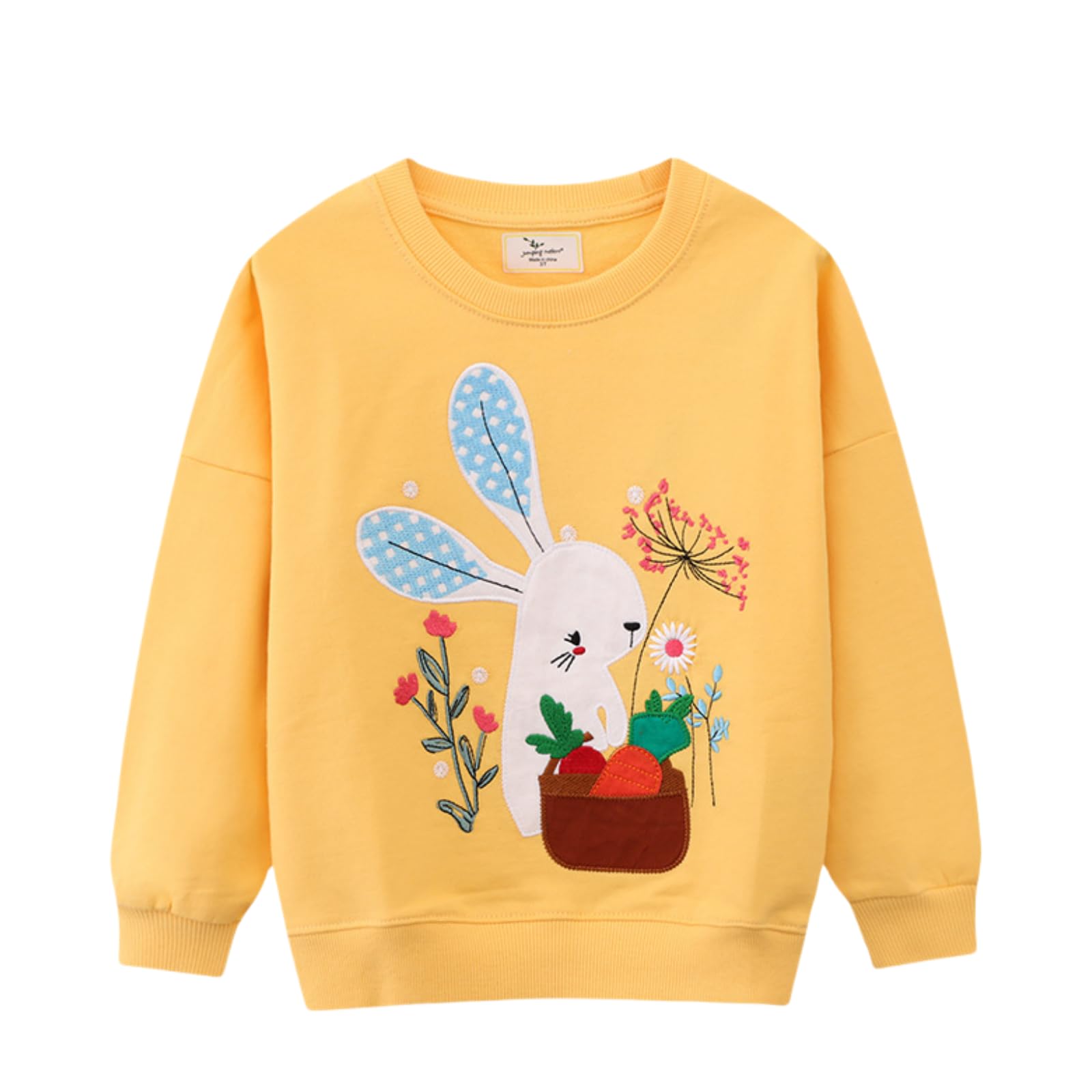 Baby Girls Rabbit Print Flower Embroidery Top Round Neck Long Sleeve Base Shirt Autumn Loose Pullover (Yellow,130/5-6Y,Unisex,Big Kid,US,Age,5 Years,6 Years)