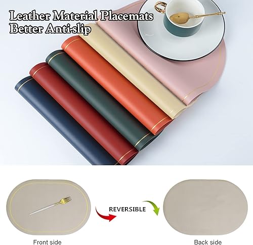 Miniatura 3 de YANGKLUIB Juego de 2 manteles individuales ovalados de piel sintética, resistentes al calor, fáciles de limpiar, impermeables, para mesa de comedor,