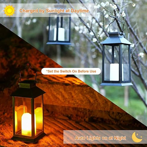 Miniatura 4 de Tomshine Paquete de 2 linternas solares linternas colgantes de jardín al aire libre 118 pulgadas luces LED parpadeantes sin llama para patio mesa