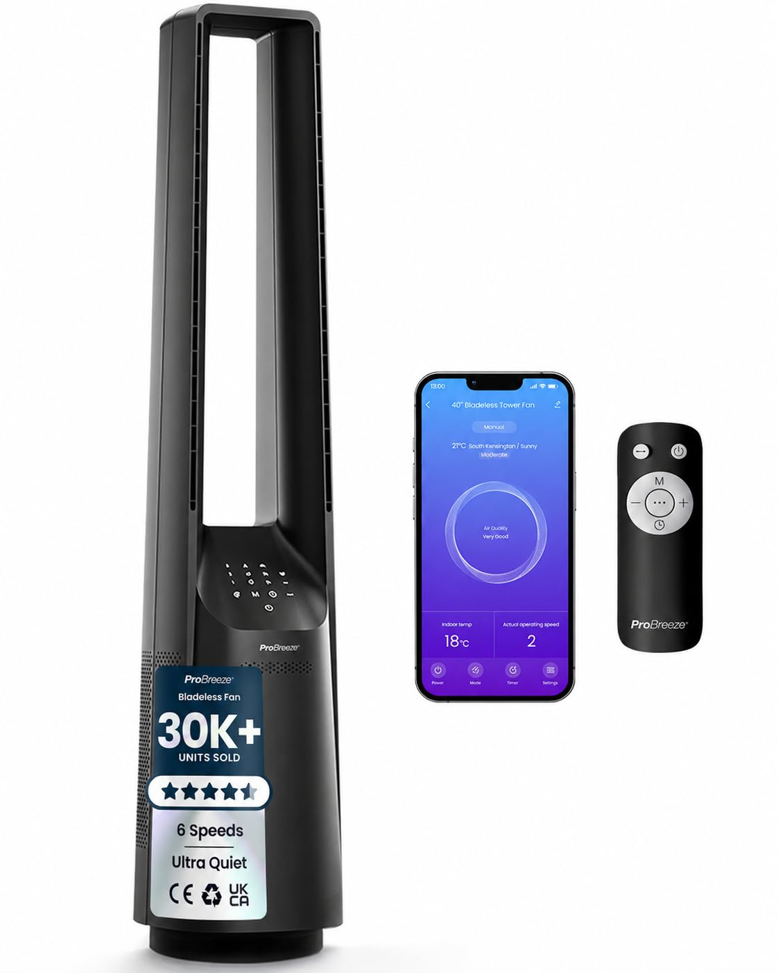 Pro Breeze® WiFi Silent Bladeless Portable Tower Fan - Ultra Quiet Standing Air Circulator with Remote Control, Timer, 6 Speeds & LED Display, Smart App — image 1