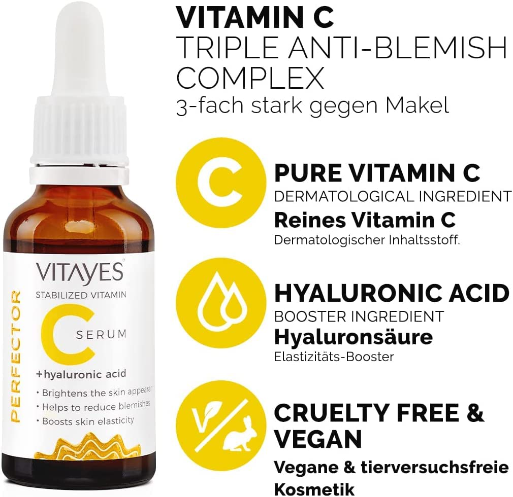 VITAYES Vitamin C Face Serum Anti Aging Serum with Hyaluronic Acid Skin Hydrating & Brightening for Dark Spots, Fine Lines and Wrinkles 1 Oz. - Image 5
