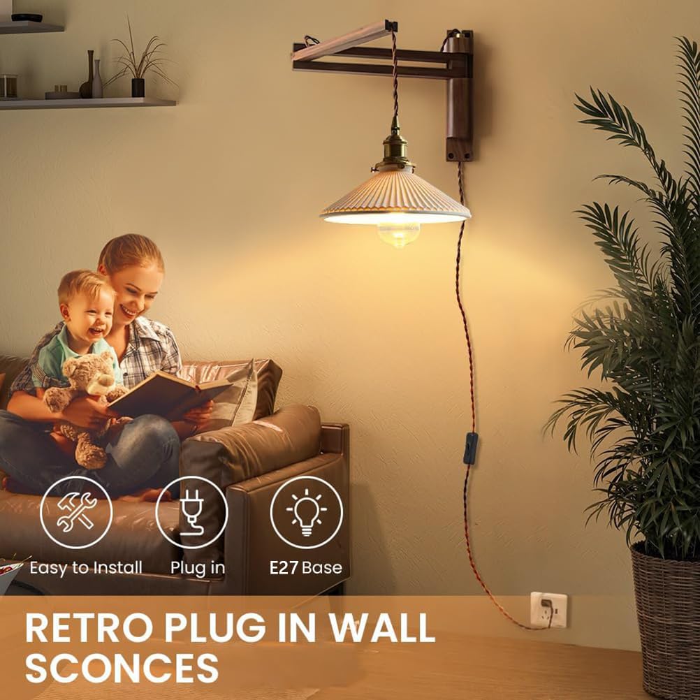 AoLa Holz Wandlampe E27 Innen Schwenkarm Wandleuchte mit Schalter und Stecker vintage Industriell Nachttischlampe mit Kabel Einstellbar Langer Arm, Keramik Lampenschirm Leselampe