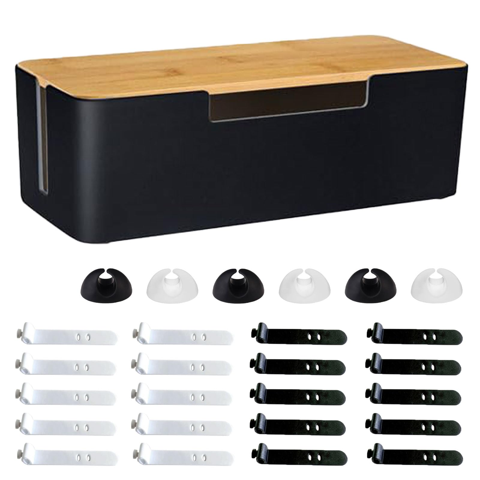 Pudełko na kable, organizer na kable z drewnianą pokrywą, 30 x 13 x 10 cm, z tworzywa sztucznego, z opaskami kablowymi i uchwytem na kable, pudełko na gniazdko elektryczne, na przedłużacz, paski