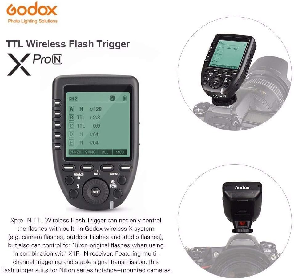 Godox Camera Flash Trigger Xpro-N for Nikon Wireless Remote 2.4GHz 1/8000s HSS TTL-Convert-Manual Large Screen Design Customizable Functions