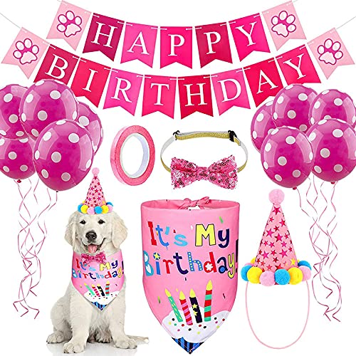 KUTKUT Dog Birthday Bandana Set | Dog Birthday Hat Dog Birthday Bandana Scarf | Shining Dog Bow Tie Collar | Dog Print Happy Birthday Banner and 10 Piece 12 Inch Paw Print Balloon with Tape for Boy Girl Dog (B096Y3ZS9H) Amazon Price History, Amazon Price Tracker