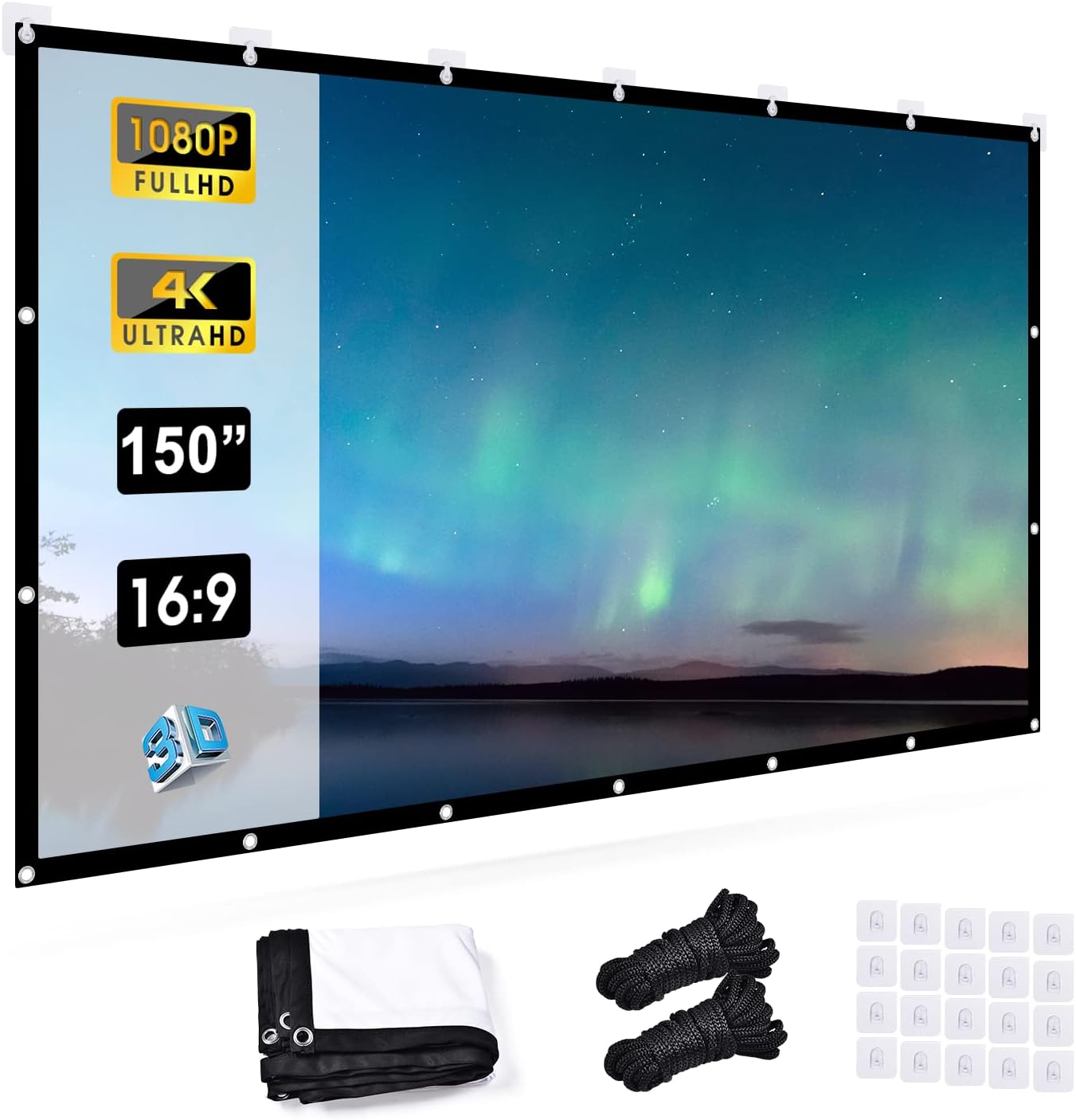 UTEBIT Projector Screen 150 inch 4K 16 9 Large Cinema Screen Ultra-Wide 170°Angle of View Portable Foldable Projection Screen for Outdoor Indoor Wall Garden Home Office School Movie Game Conference