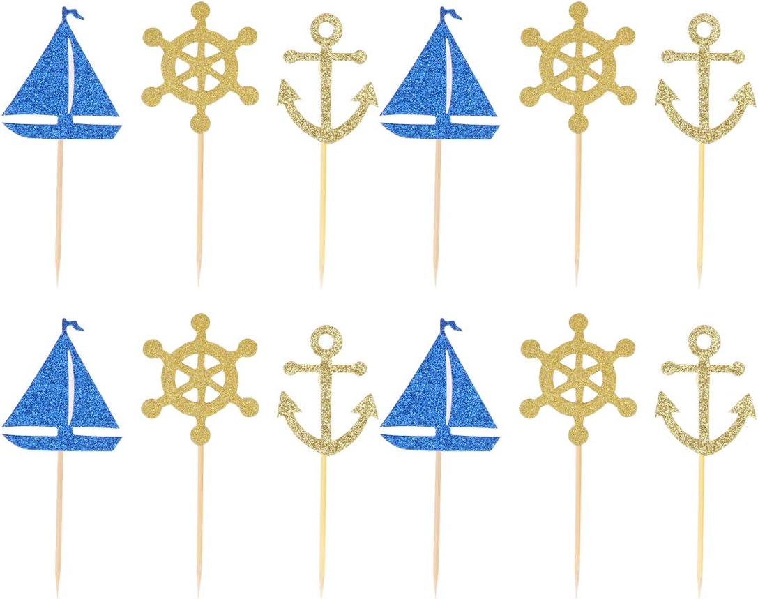 Toyvian Sailing Boat Anchor Cake Toppers, 24pcs Sailing Theme Cake Picks Cupcake Decor
