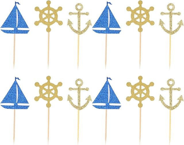 Toyvian Sailing Boat Anchor Cake Topper, Cake Picks Cupcake Decor, Party Supplies for Wedding Birthday Festival - 24pcs