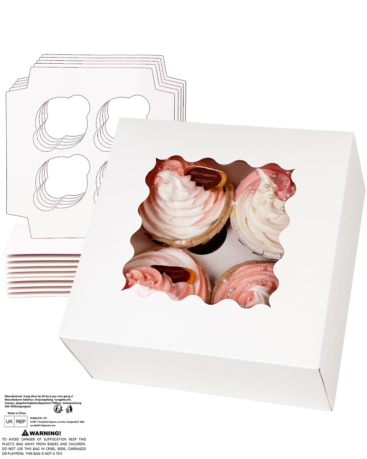 Gcardist Auto-pop Up 4 Cupcake Boxes with Window White 12 Packs Cupcake Box 16x16x7.6cm Bakery Boxes for Cupcakes Carrier Cupcake Containers - Image 4