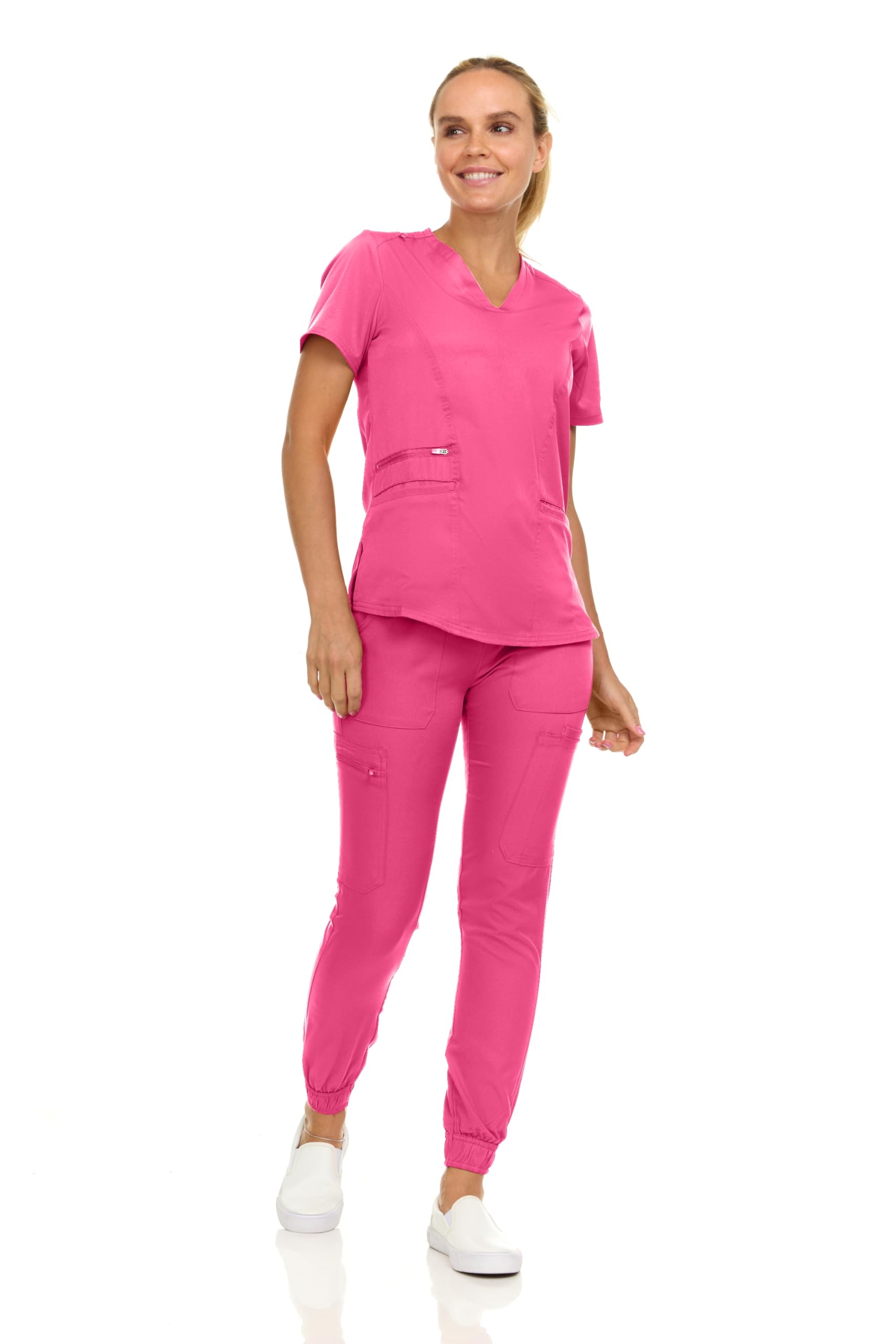 MediChic Scrubs for Women's V-Neck Scrub Set with Six Pocket Cargo Jogger Pants with 4-Way Stretch