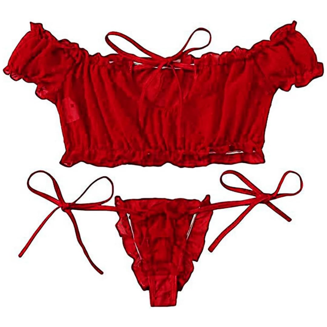 WBDWWTD Damskie seksowne biustonosze i majtki w kropki komplety bielizny Babydoll Strappy przezroczyste wykończone frędzlami bielizna z uroczą kokardką G String