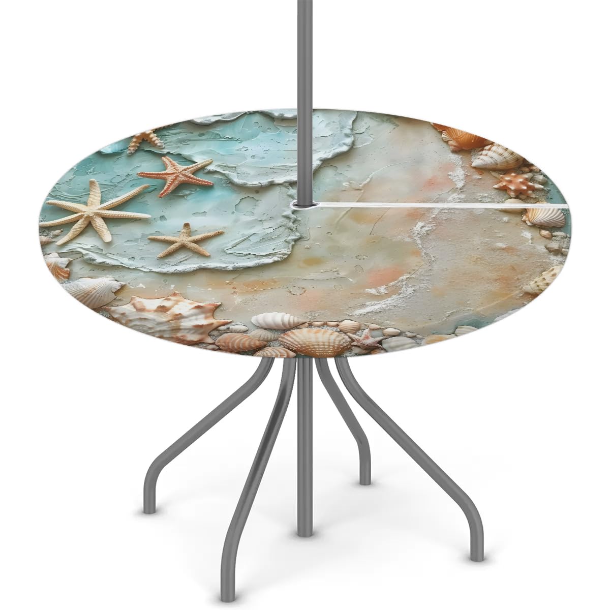 Tablerazzi Ocean Beach Round Outdoor Tablecloth with Umbrella Hole and Zipper Starfish Shell Fitted Tablecloth Wipeable Table Cloth Table Cover for Picnic Garden, 36''-44''