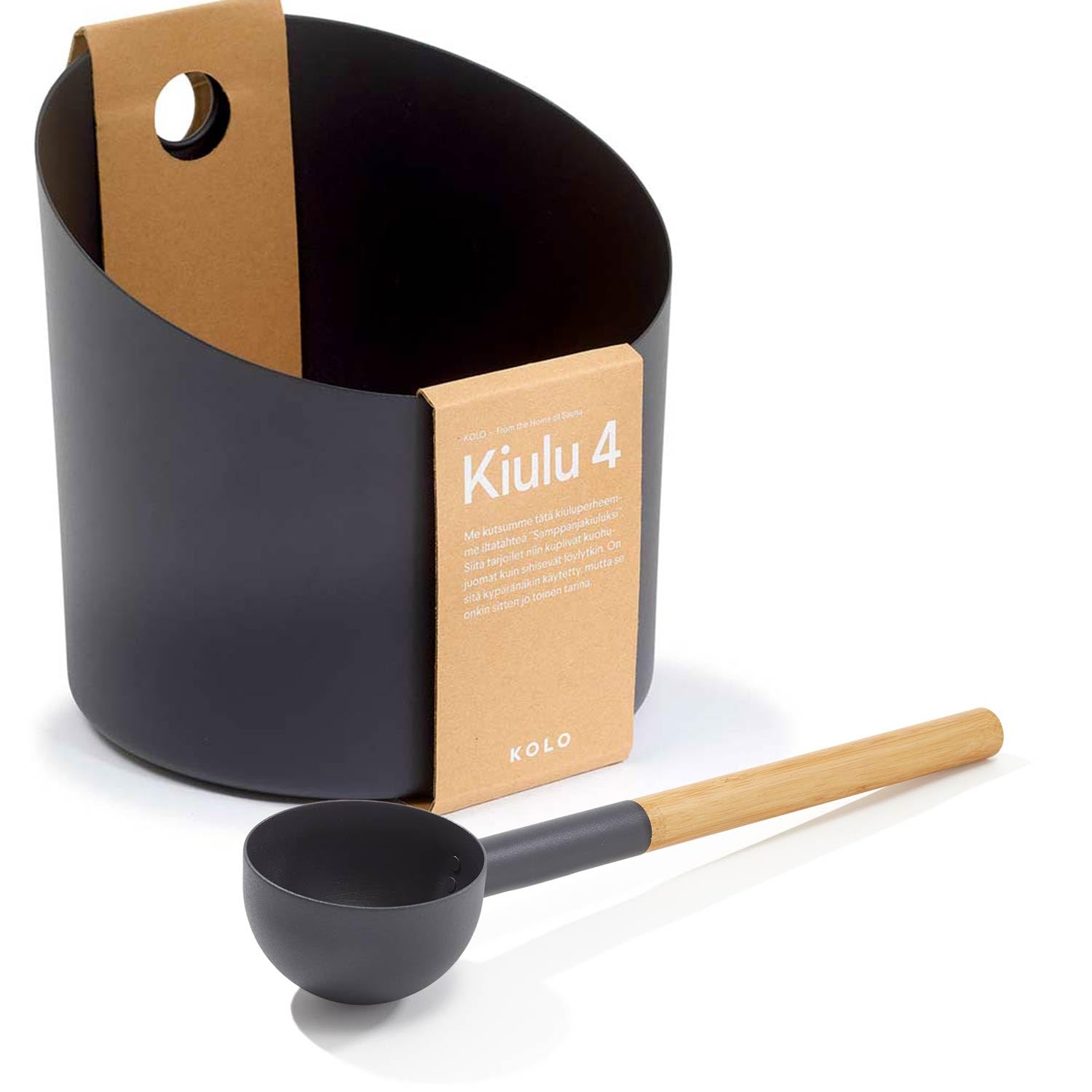 KOLO Sauna Set Kiulu 4 - Kübel 5 l + Aufgusskelle 300 ml - Schwarzes Aluminium - Bambusgriff - 2-teiliges Premium-Set für Aufgüsse und authentische finnische Saunakultur - Made in Finland