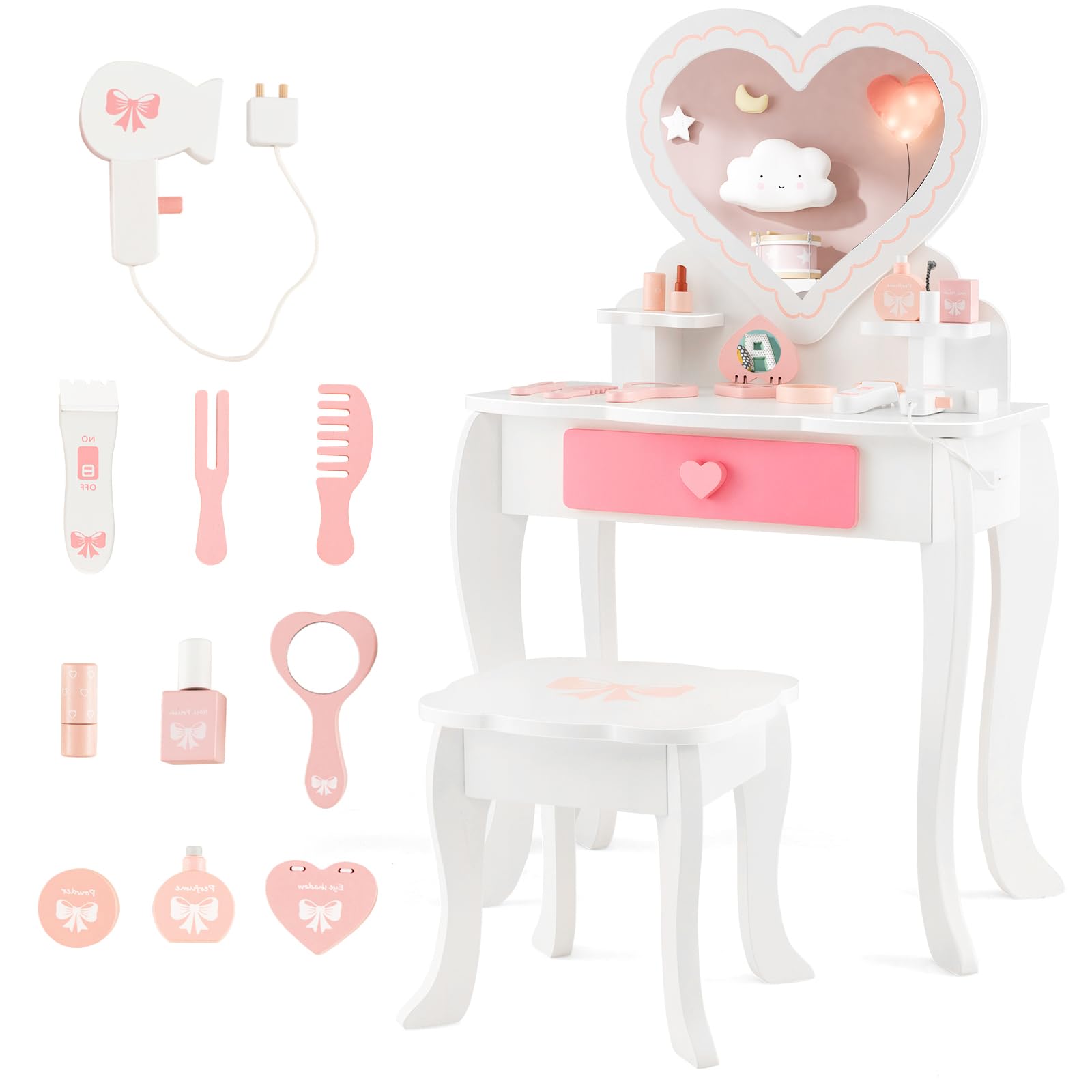 Toeletta Trucco Per Bambine Con Luci LED - Specchiera Con Sgabello In Legno (Rosa) - Foto 8