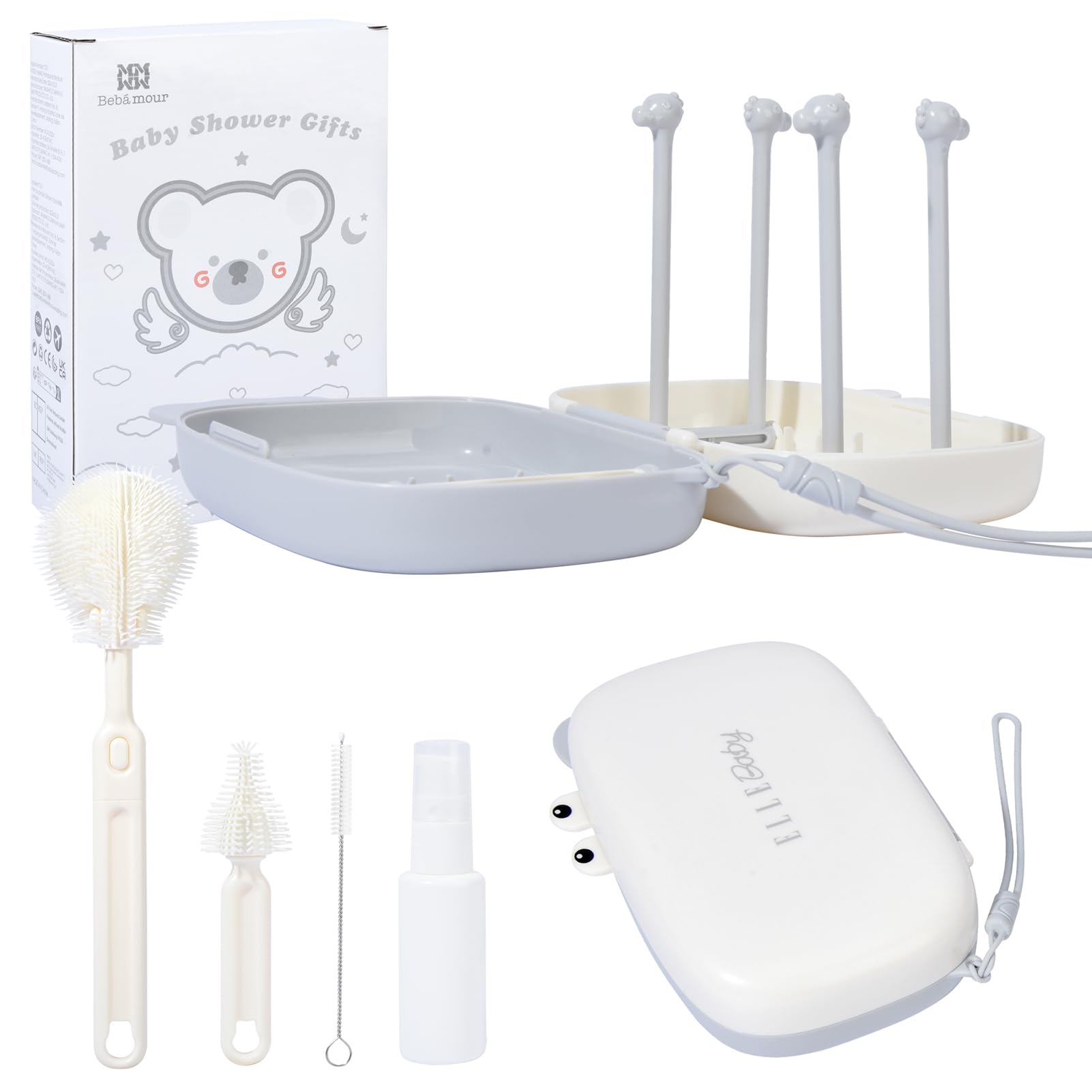 BebamourTravel Baby Bottle Brush Set 6 in 1 Bottle Cleaner Brush Kit with Extendable Silicone Bottle Brush,Nipple Cleaner Brush,Straw Brush,Drying Rack,Soap Dispenser and Organizer Case (White)