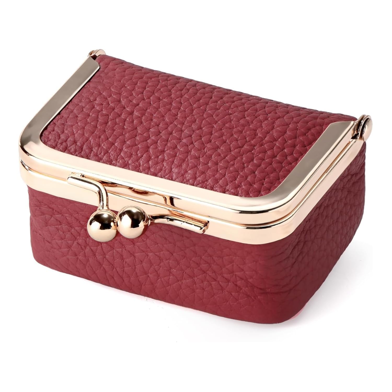 BendJoy® Small Jewelry Box with Kiss Lock - Wine Red Cowhide Ring Case | Portable Travel Organizer for Earrings, Rings and...