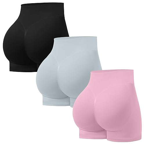 OVESPORT 3 Pack Seamless Women Workout Shorts Scrunch Butt Lifting Gym Booty Biker Shorts - Pink/Light Grey/Black - Small