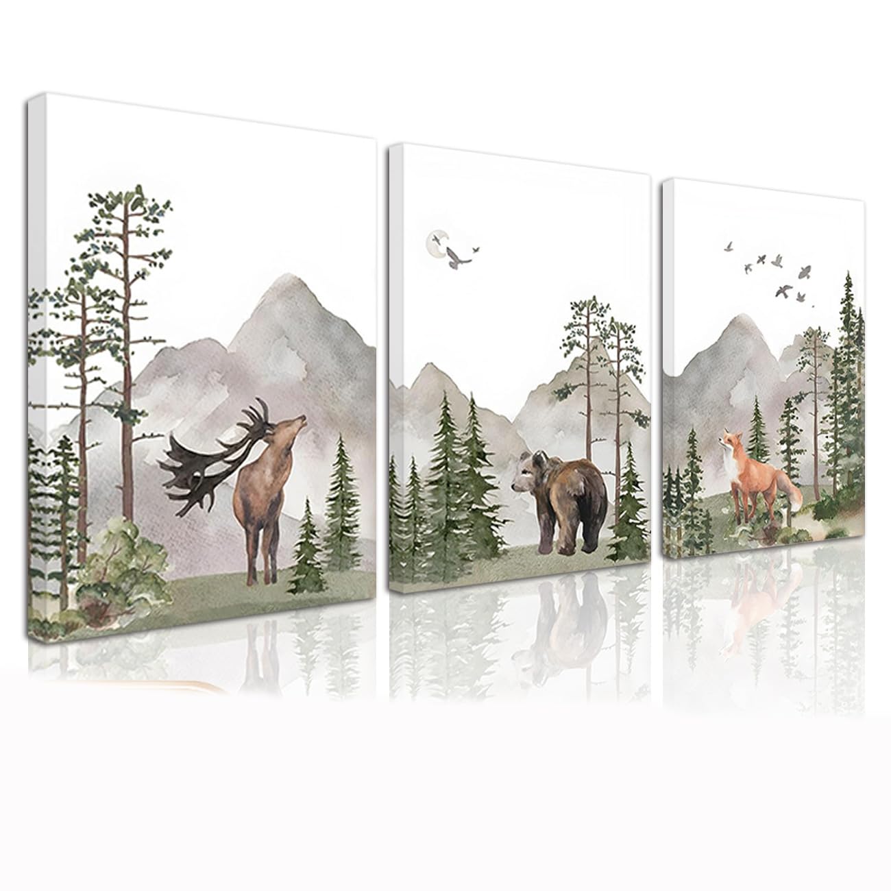 3Pcs Framed Woodland Nursery Wall Art Wild Animals Forest Wall Decor Prints