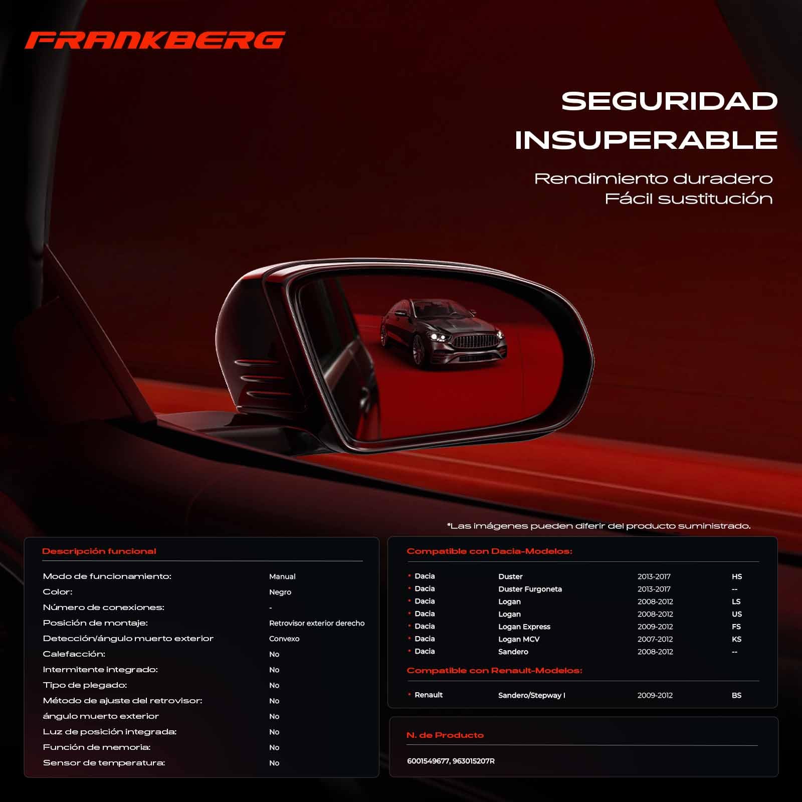 Frankberg Cable de tracción para espejo retrovisor exterior manual | 963015207R; Compatible con: Logan MCV KS, S.a.n.d.e.r.o/Stepway I BS, Recogida en Logan, EE.UU., Caja para el polvo