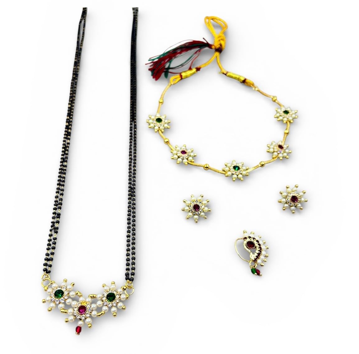 Gold-Plated 2-Line Black Beads Mangalsutra Set, 30 Inches, with Floral Pendant, Stud Earrings and Traditional Nath-image-36
