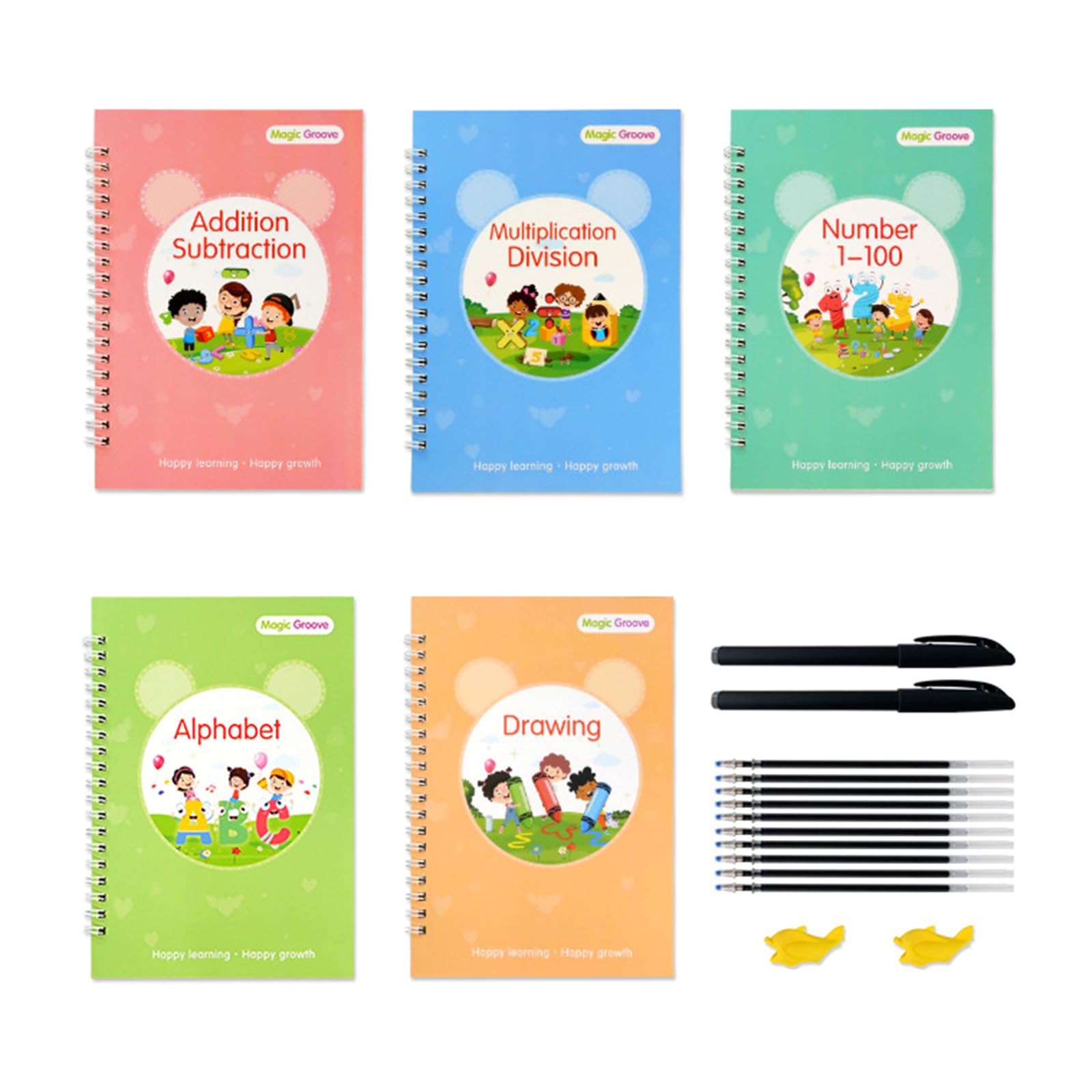 Eyiara Cuaderno de práctica mágica Reutilizable niños, Paquete de 5 Libros de práctica de caligrafía con 2 bolígrafos y recambios, Edades de 3 a 8 años