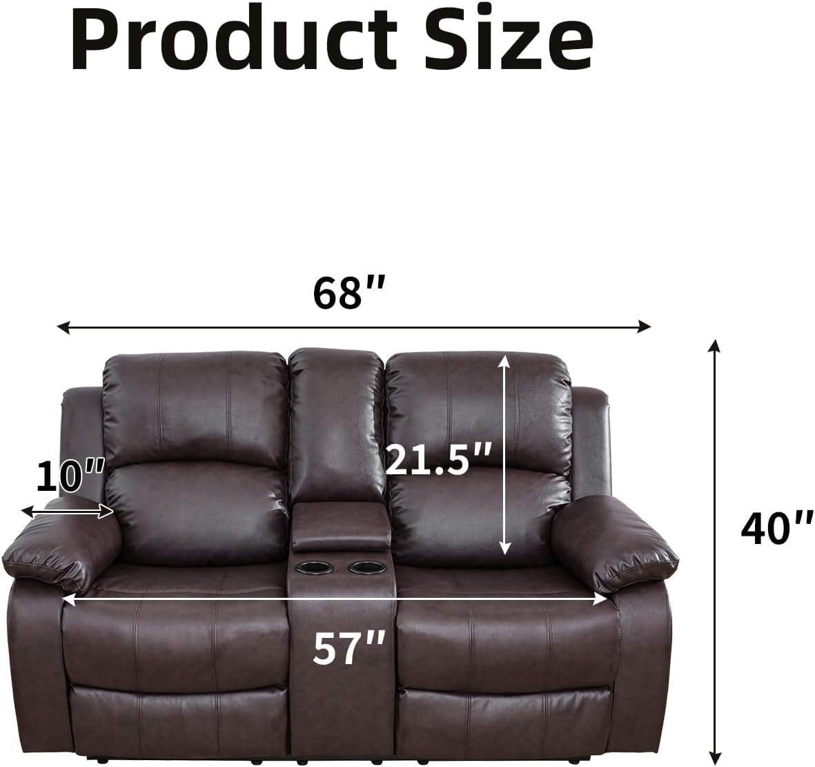 Manual Reclining Leather Loveseat, Two-Seater Couch with Center Console, Living Room Furniture Recliner Sofa for Compact Spaces,Brown