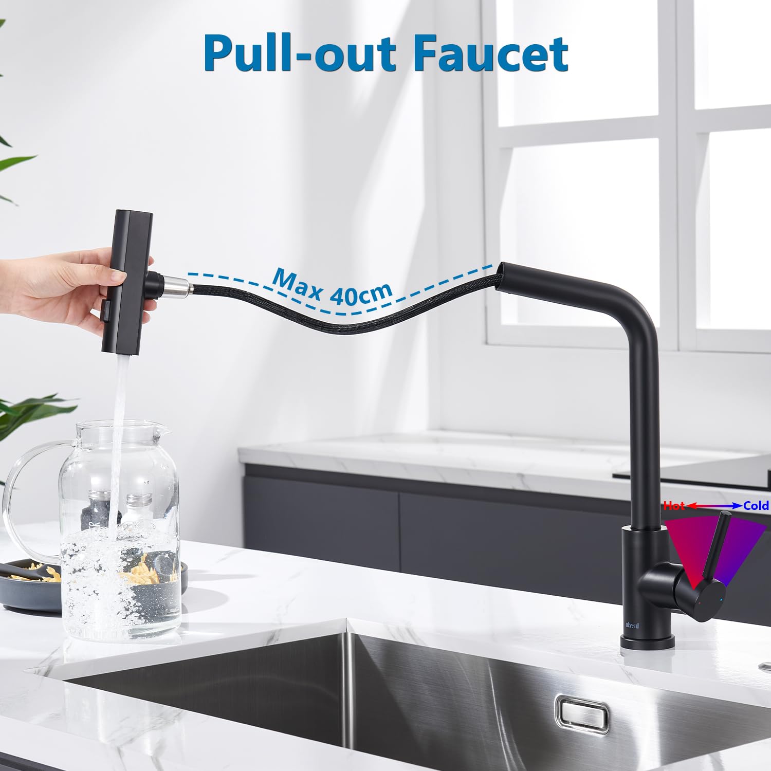 Grifo Cocina Negro Extraible, Grifo Cocina en Cascada con 3 Modos de Ajuste, Giratorio a 360° Mezclador Monomando Fregadero con Caño Alto, Acero Inoxidable, Agua Frío y Caliente Regulable