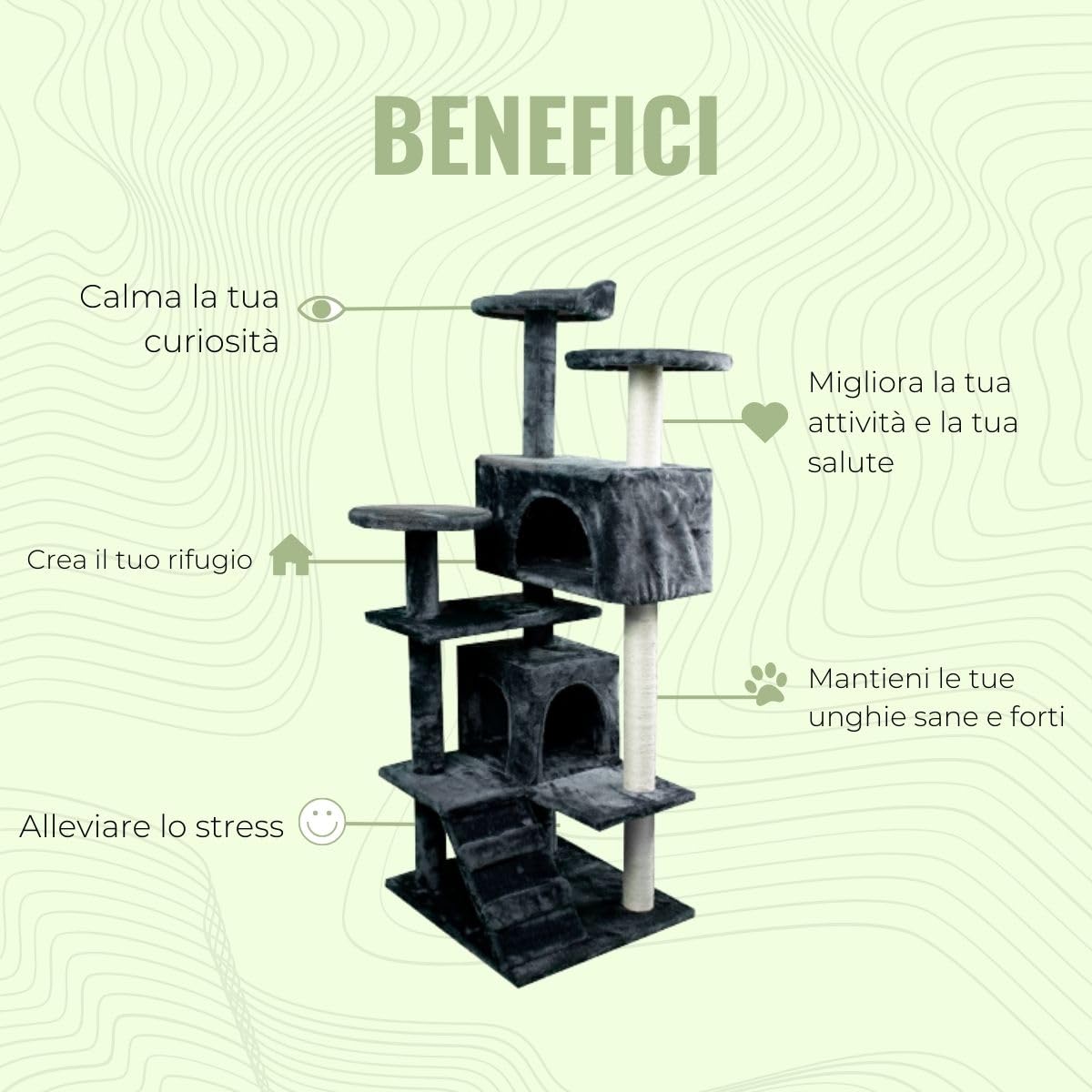 Mobiclinic® pets, Tiragraffi per gatti, Modello tico, Grande, Arrampicarsi, 5 altezze, Con piani e rifugi, Anti-stress, Affilare le unghie, Max.10 kg, Corda di sisal, 50x50x132cm, Grigio