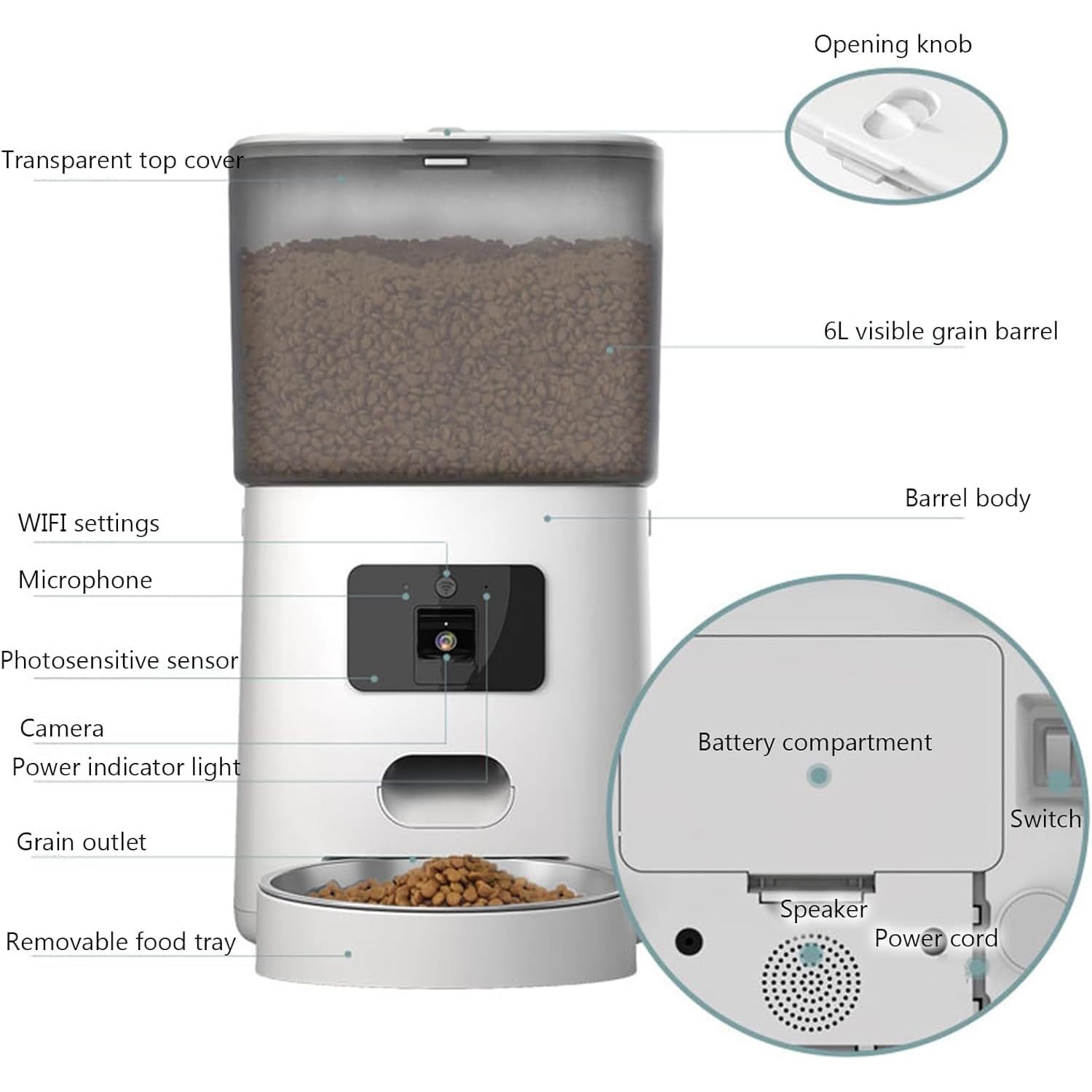 Genérico Comedero Automático para Gatos, Comedero Inteligente para Mascotas, Dispensador De Comida para Gatos De Gran Capacidad De 6l, Comedero con Monitoreo De Video 1080p