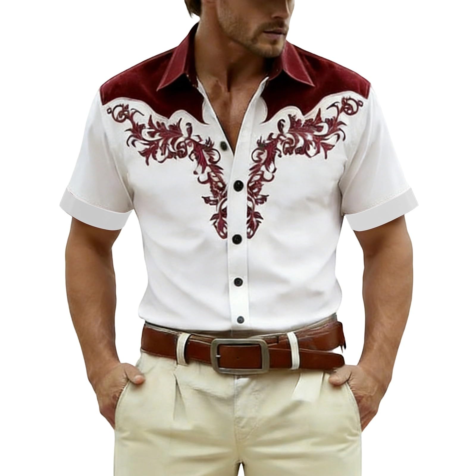 RUMAOZIA Men's Shirt Western Cowboy Style 3D Print White Vintage Medieval Shirts Short Sleeve Cowboy Costume Shirt Embroidery Look Men Carnival Party Top Regular Fit Fancy Dress Costume, O wine, L