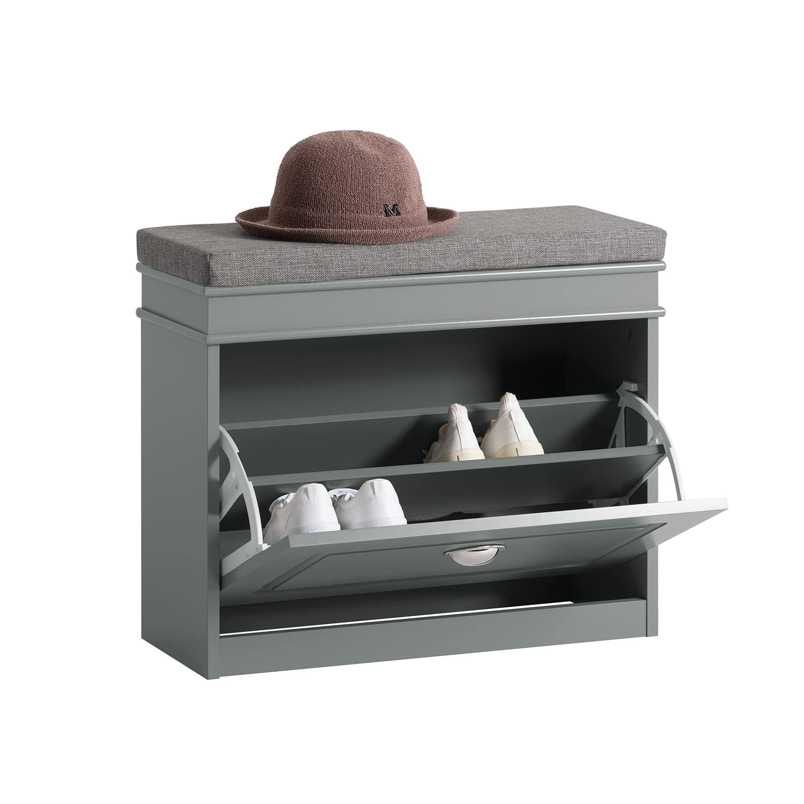 Shoe Storage Bench with Seat Cushion - Narrow Shoe Cabinet with Flip Drawer, 2-Tier Rack, 150kg Load - Compact Hallway Storage Unit for Small Spaces Grey W61 x D24 x H51cm FSR82-K-HG