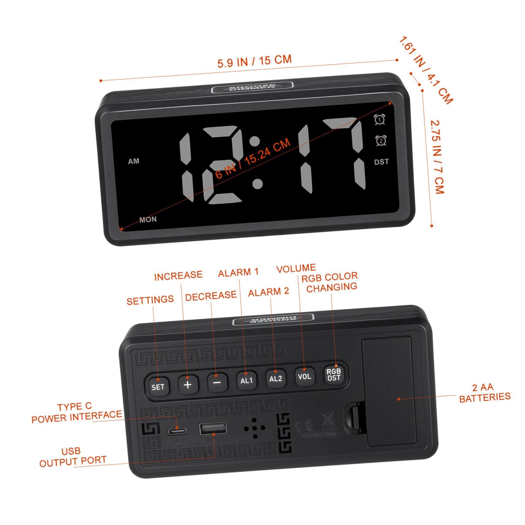 Reloj Despertador Digital LED con Ajuste Manual DST Iluminación RGB Regulable Indicador Claro de Días Semana para Mesilla de Dormitorio y Escritorio
