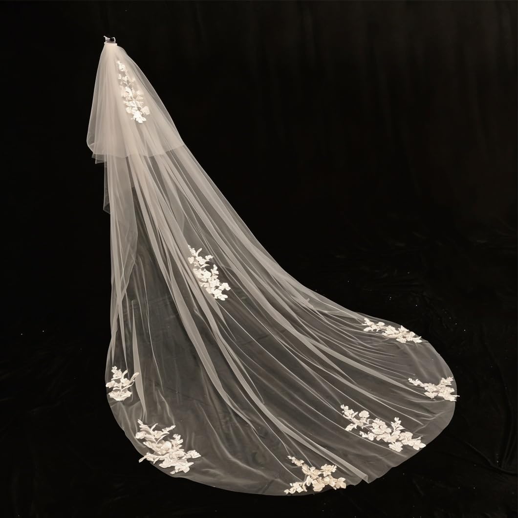 Exquisite Wide Lace Edge Bridal Veil, White, 106" L X 98" W, With Hair Comb, Large Romantic Lace Trim For Wedding, Stage, Photoshoot & Studio