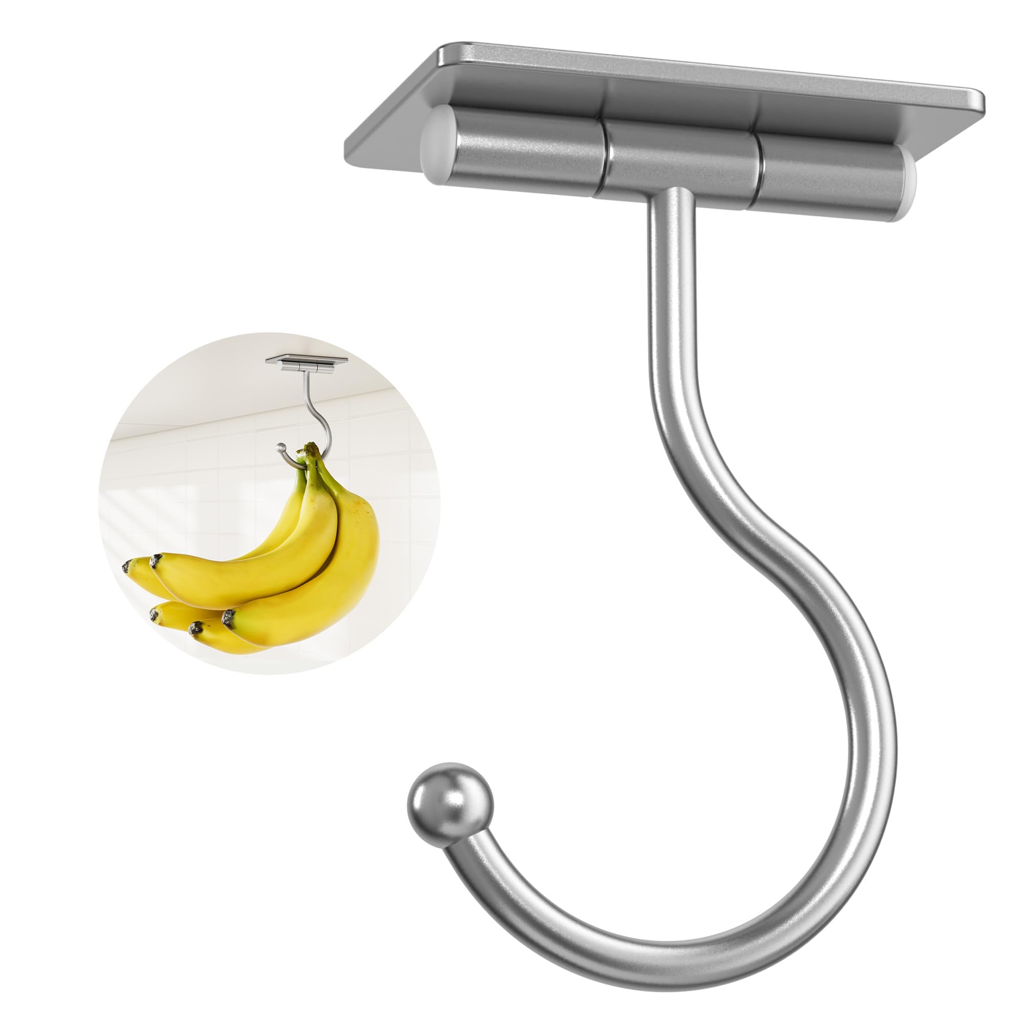 Under Cabinet Banana Hook Adhesive - Sticky Banana Hanger Under Counter, Sturdy Metal Banana Holder for Hanging Bananas or Kitchen Utensil, Banana Saver, Keeps Bananas Fresh, Silver