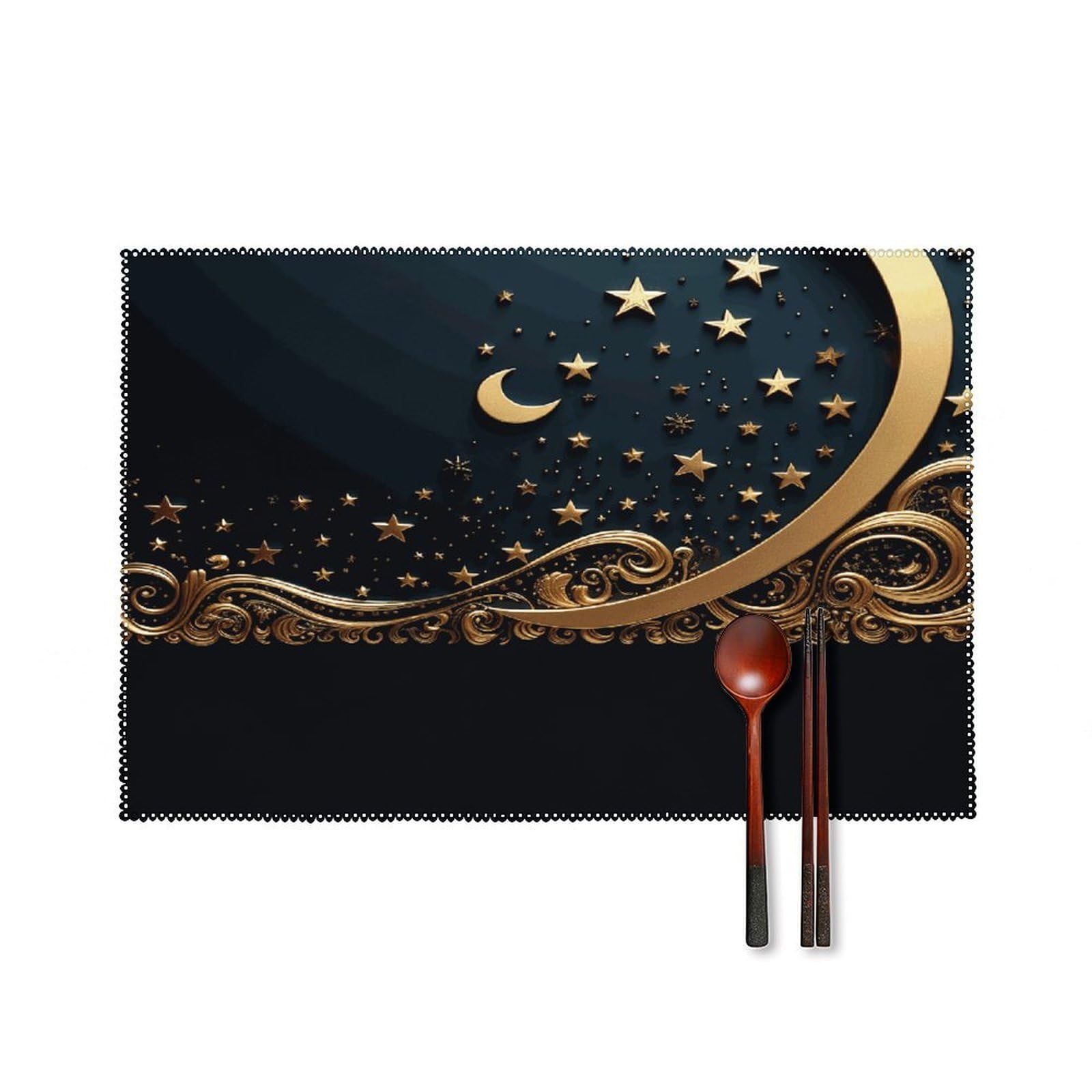 Fekiloot Style Golden Background And Crescent Moon Placemats Set Of 6,Table Mat