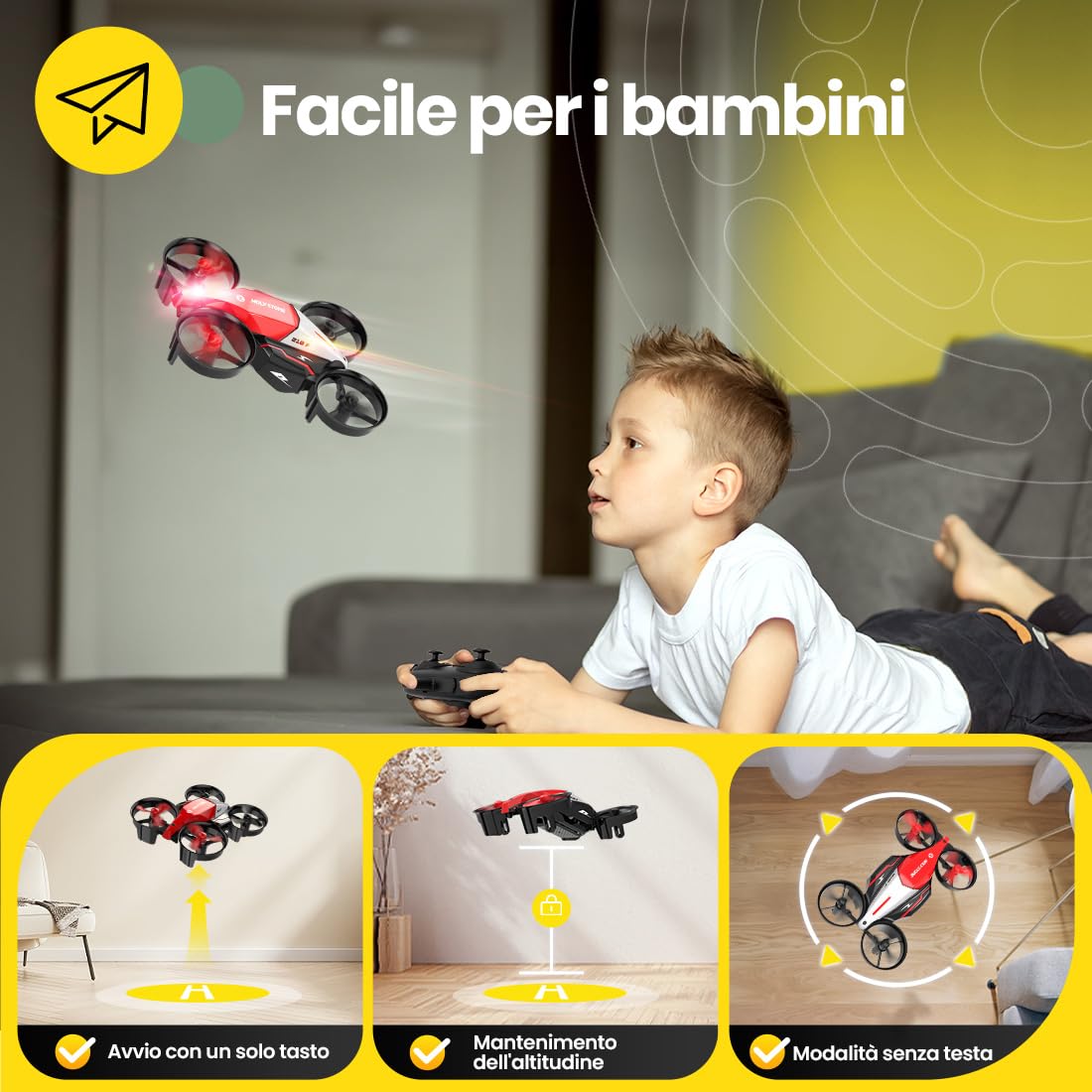 Holy Stone HS210F Mini Drone per Bambini, Quadcopter RC 2 in 1 per Interni con Luci LED, Modalità di Atterraggio e volo, 3D Flip, Batteria Sicura Modulare, Giocattolo Regalo per Ragazzi e Ragazze