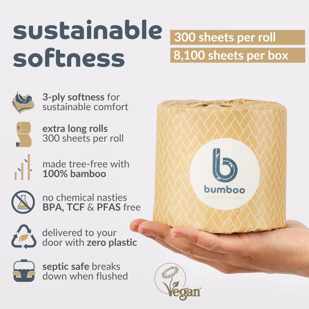 Bumboo | Papel higiénico de bambú de 3 capas de lujo, ecológico, suave y fuerte, 24 rollos de papel higiénico extra largos