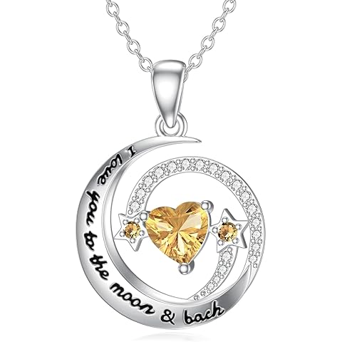 Moon and Star Birthstone Necklace for Women,925 Sterling Silver Celestial I Love Yo...