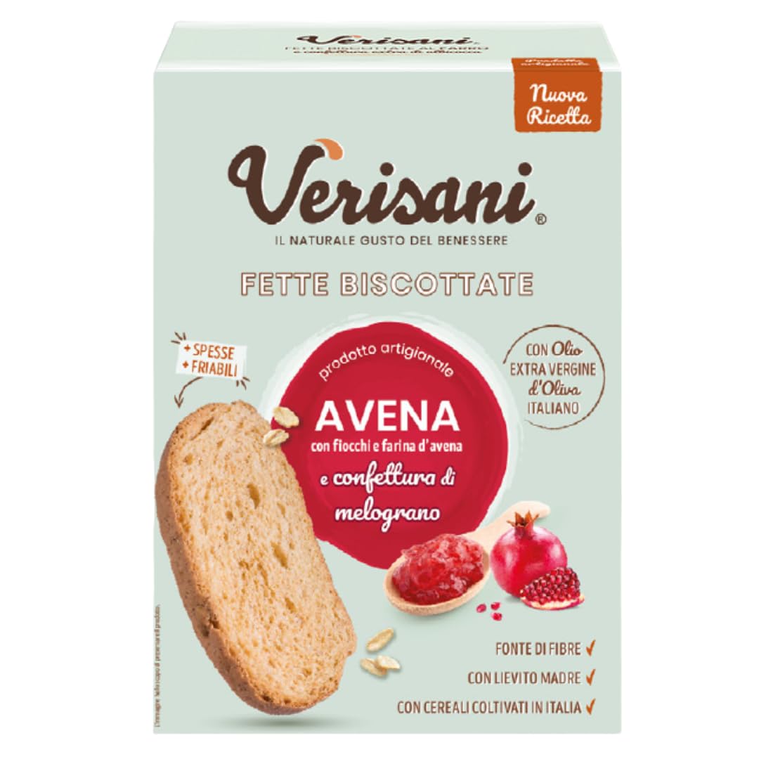 Verisani | Fette Biscottate Avena e Melograno | Cartone X10 (10×200 g) | Doppia Cottura | Olio Extravergine d’Oliva | Senza Palma