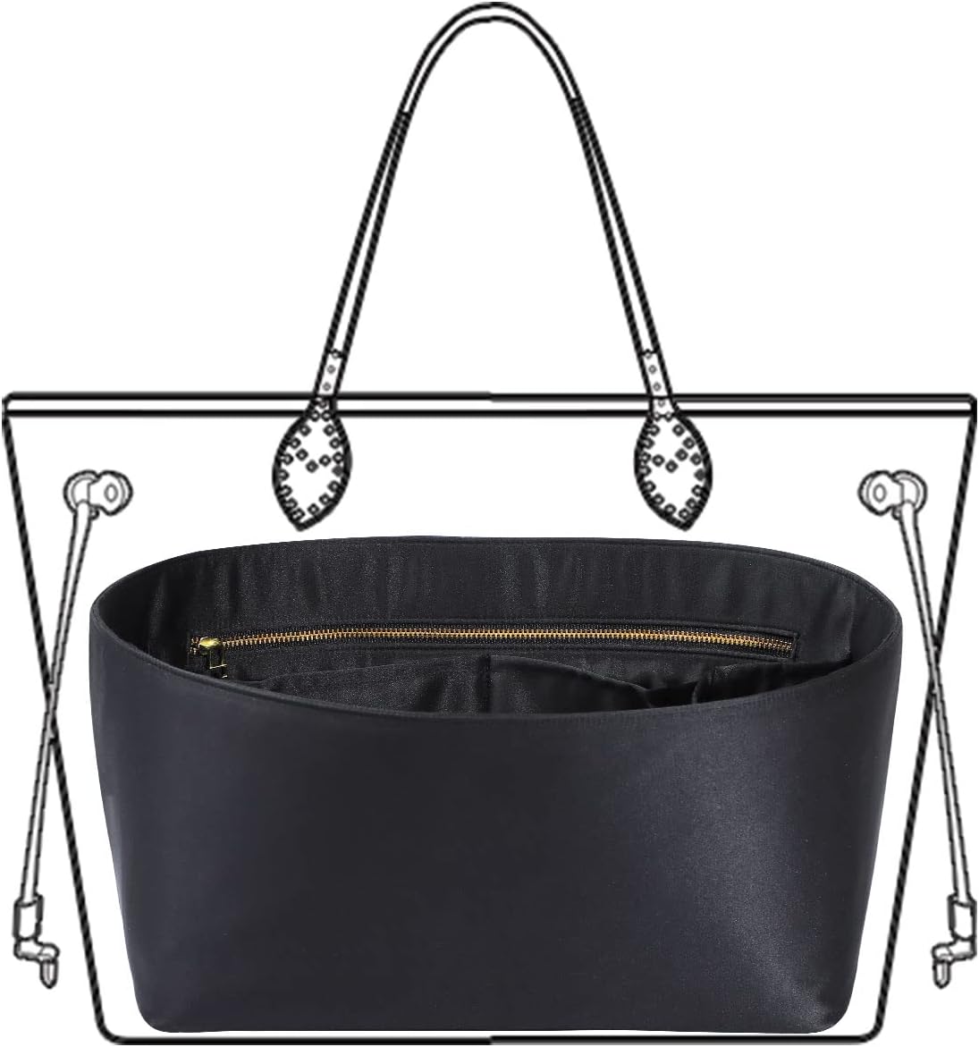 Purse Organizer Insert For Handbags, Silk Purse Organizer with Zipper, Silky Smooth, Bag Organizer For Speedy Neverfull Tote,onthego,Artsy, 6 Sizes(Large, Silky Black)