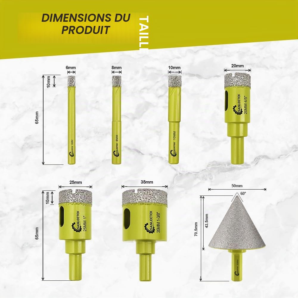 Foret Diamant Kit Trepan Carrelage - 7pcs (6/8/10/20/25/35mm+50mm Queue Hexagonale Mèches de Chanfrein) avec Tige Ronde pour Carrelage Céramique Porcelaine Marbre Granit SANLEETEK