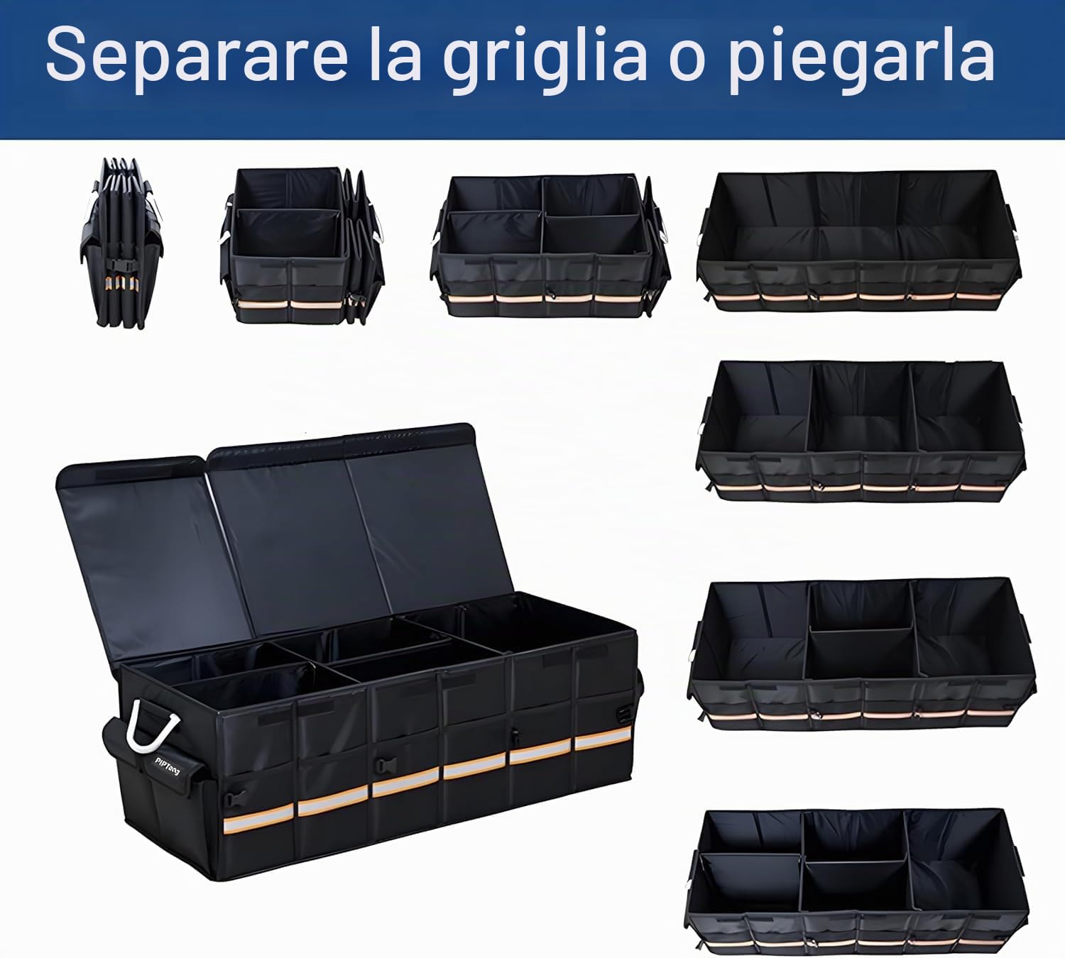 Organizer per bagagliaio XXL, pieghevole, 90 cm, grande con manici in alluminio rinforzati, fondo antiscivolo e tasche multiple, per auto, SUV e camion