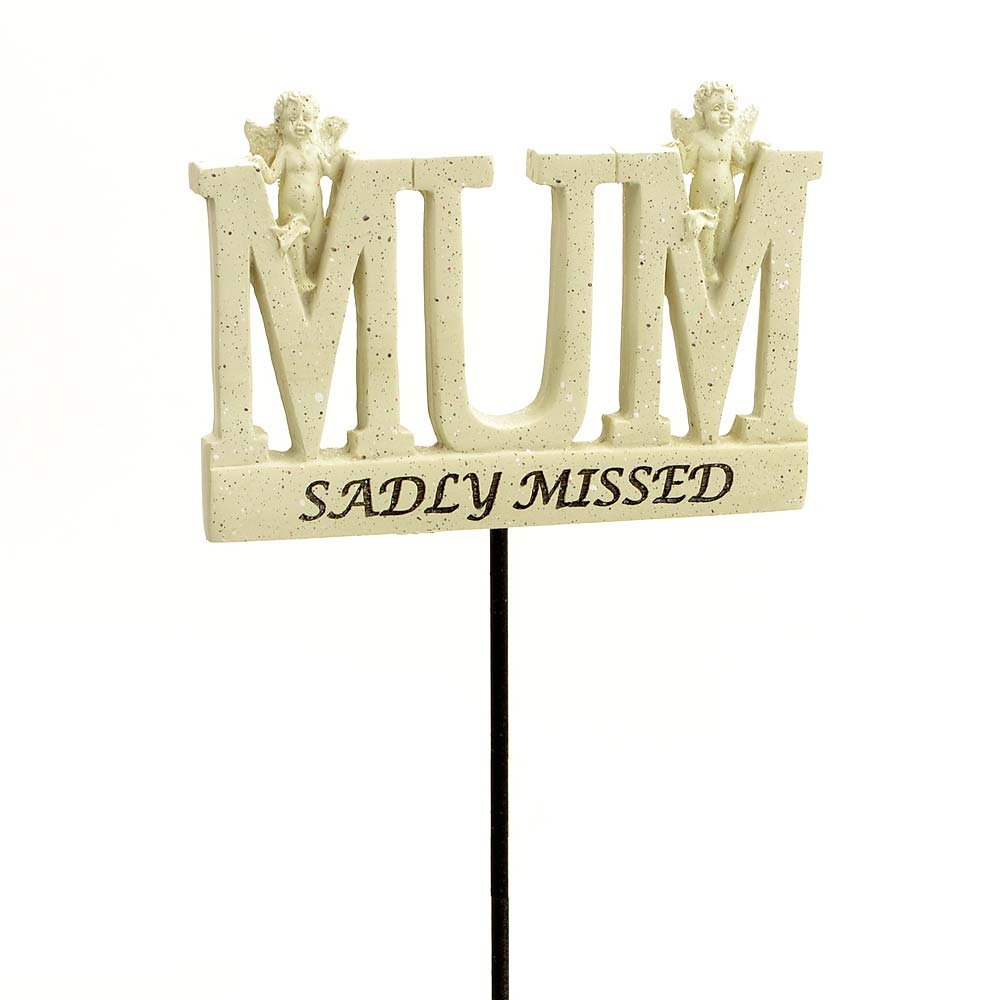 Angraves White With Black Text Sadly Missed Mum Angel Memorial Tribute Stick Graveside Plaque
