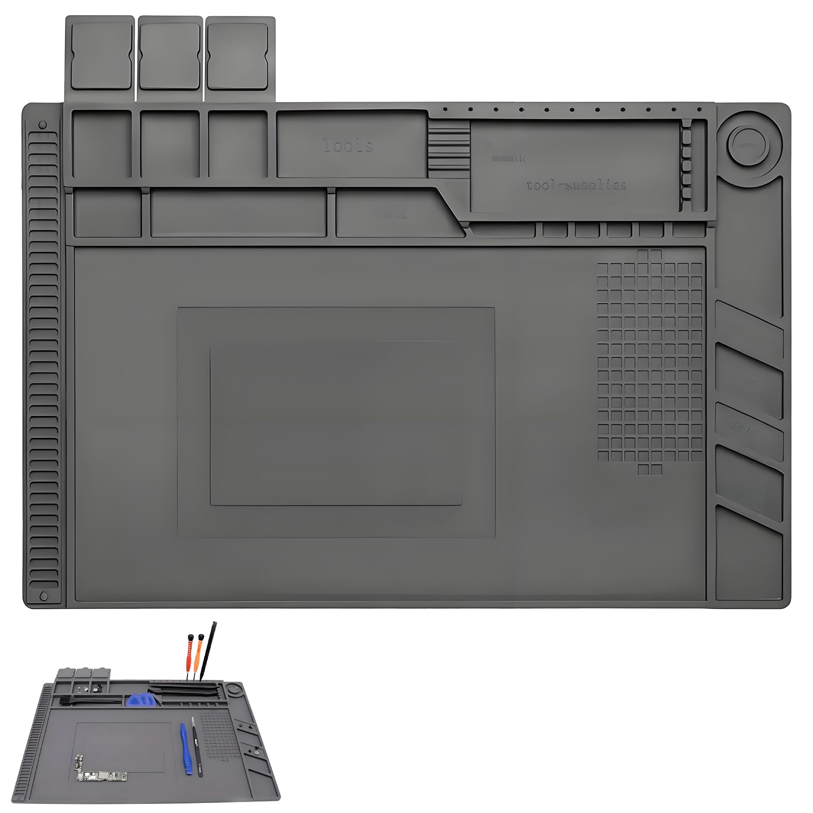 Heat Insulation Silicone Repair Mat, 45x30cm Anti Static Magnetic Silicone Work Mat for Electronics, Phone, Computer Repair, Grey