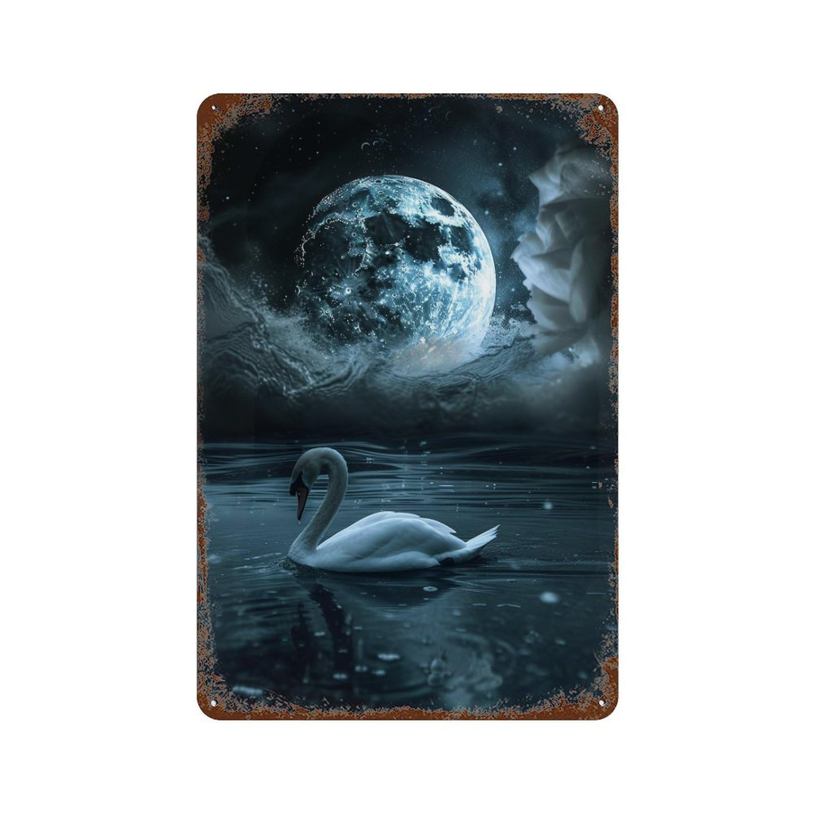 Rustic Tin Plaque Swan Moonlit Lake Reflections 11.8"x7.9", Vintage Wall Decor for Pub, Kitchen And Man Cave Decor