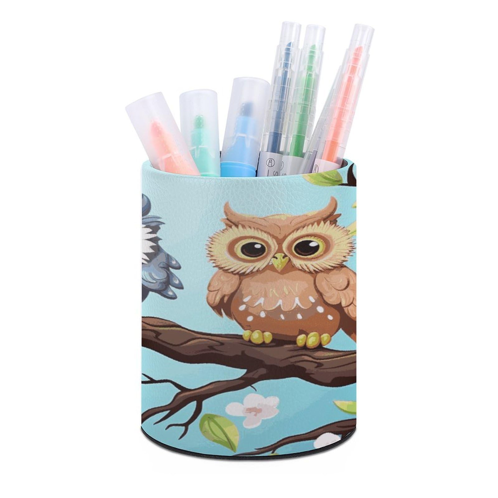 FekiLoot Owls on A Branch Pen Holder Cup Fashion PU Leather Pencil Cup Minimalist Pen Organizer Round Pencil Holder Stand Work Locker Accessories for Decoration Desk Office Home