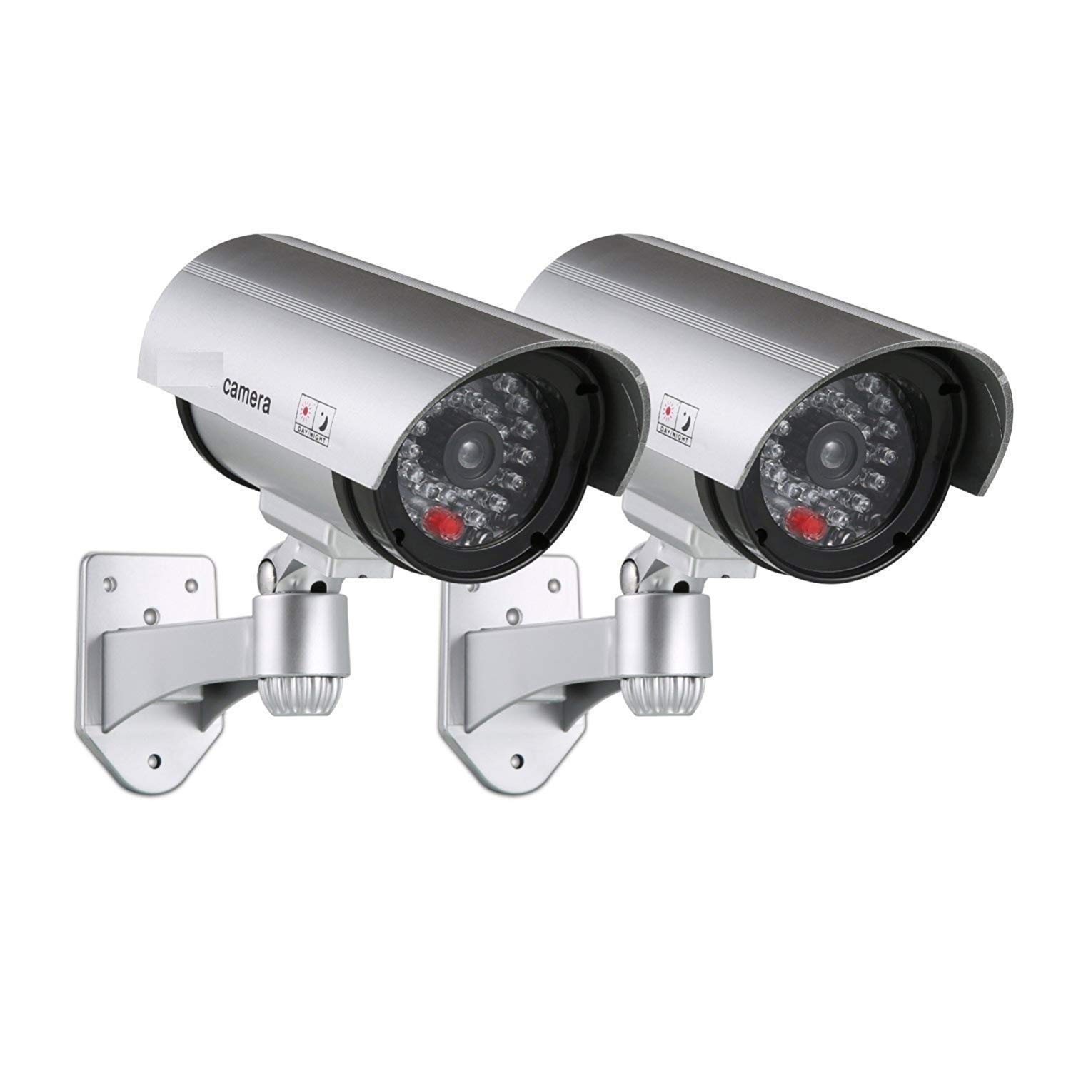 2 pcs Dummy Security Camera, Fake Bullet CCTV Surveillance System with Realistic Look Recording LEDs + Bonus Warning Sticker - Indoor/Outdoor Use, for Homes & Business