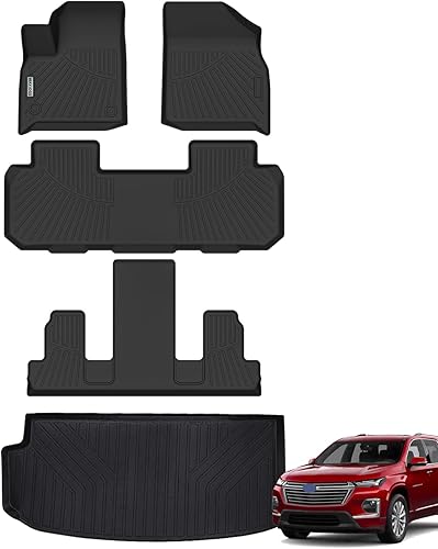 Alfombrillas de 3 filas y forro de carga para Chevy Chevrolet Traverse 2018-2023, 7 asientos con asientos de cubo de segunda fila, protección TPE