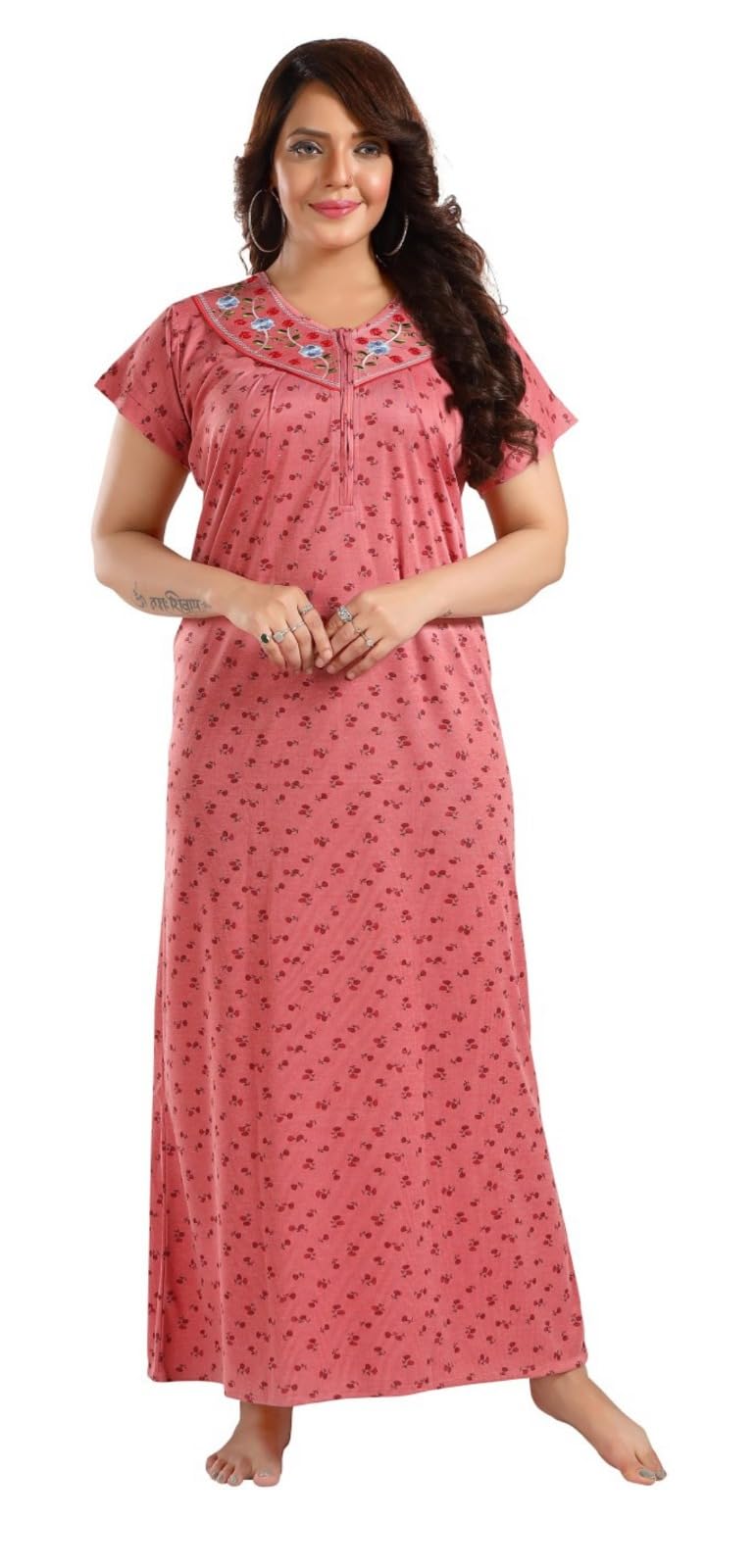 Women's Soft Hosiery Cotton Maxi Round Neck Front Button Full Length Nightwear Night Gown Nighty Sleepwear for Ladies