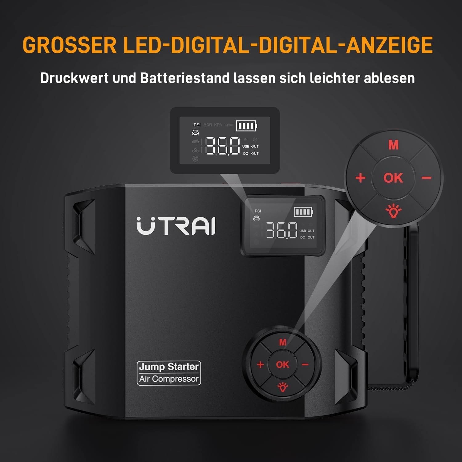 UTRAI 27000mAh Starthilfe Powerbank für Pkw, 7000A Booster Auto Starthilfe Powerbank mit Kompressor, 160W DC-Ausgang, 1600 Lumen LED Taschenlampe, Jump Starter für All Benzin, 12L Dieselmotor
